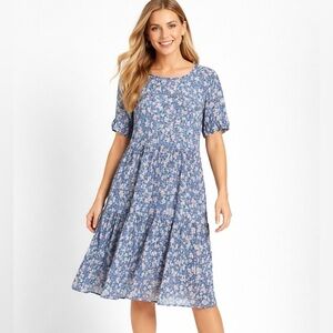 Knox Rose Womens Blue Floral Tiered Midi Dress Size L Boho Cottage Core Prairie